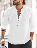 Cotton and Linen Mens Casual Button Round Neck Solid Standing Collar Shirt